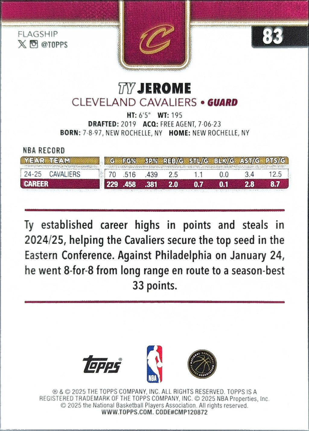 2025-26 Topps Ty Jerome #83 Season Tip Off Cleveland Cavaliers back