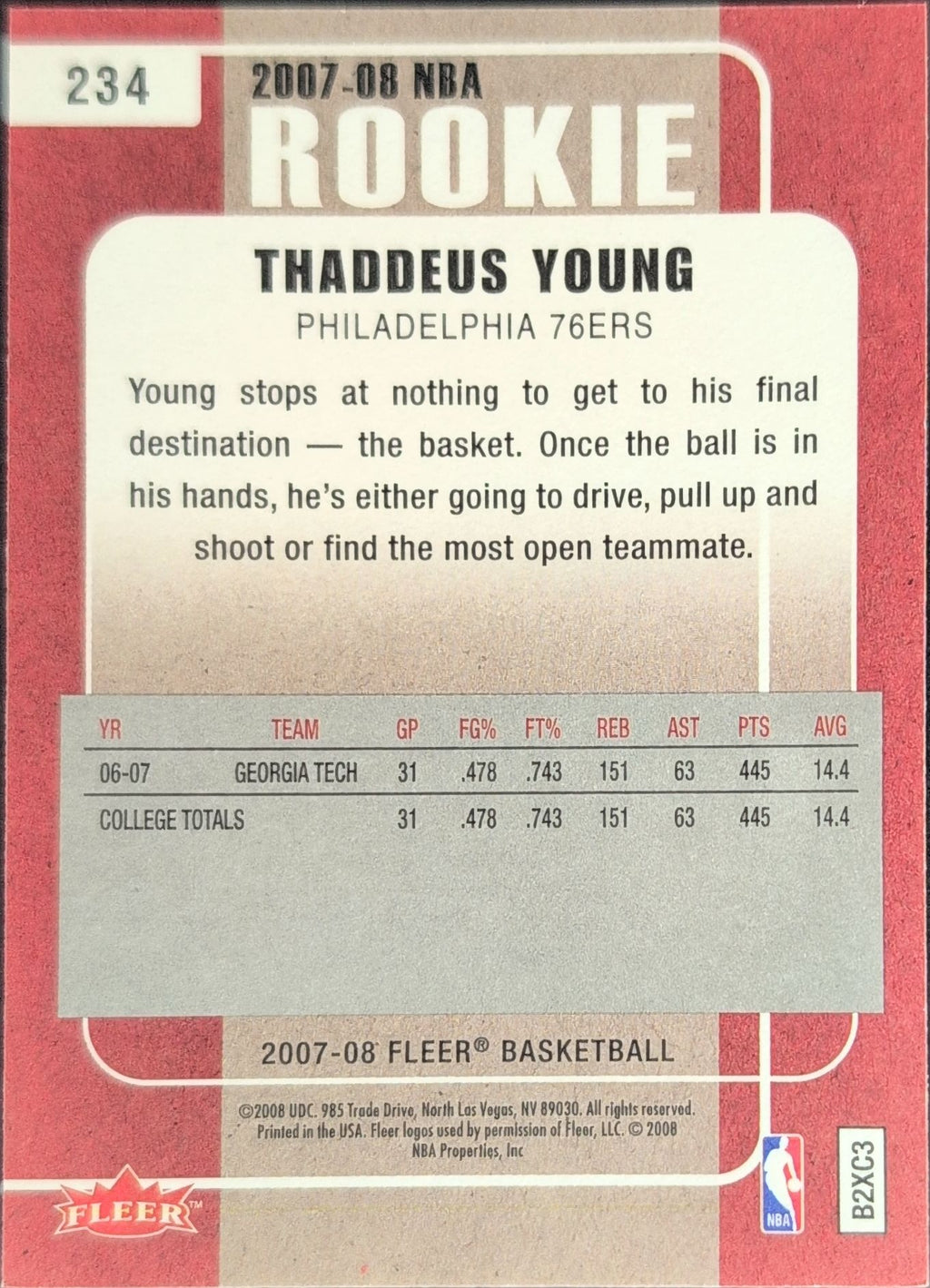 2007-08 Fleer Thaddeus Young #234 RC Philadelphia 76ers back