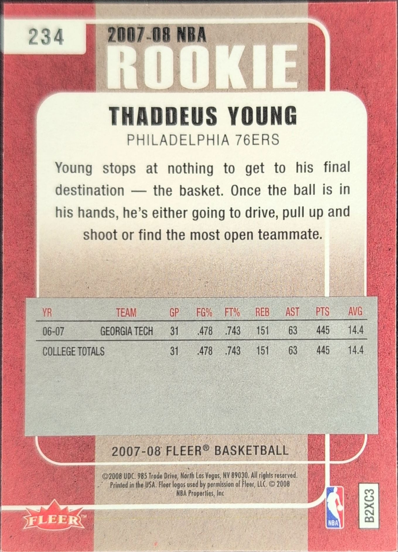 2007-08 Fleer Thaddeus Young #234 RC Philadelphia 76ers back