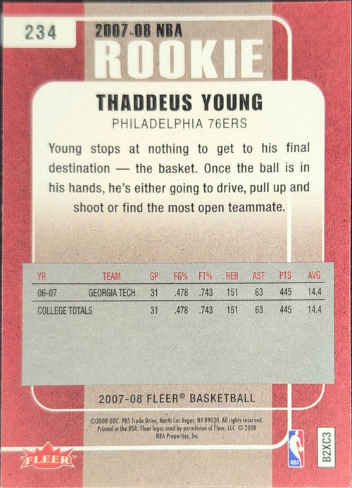 2007-08 Fleer Thaddeus Young #234 RC Philadelphia 76ers back