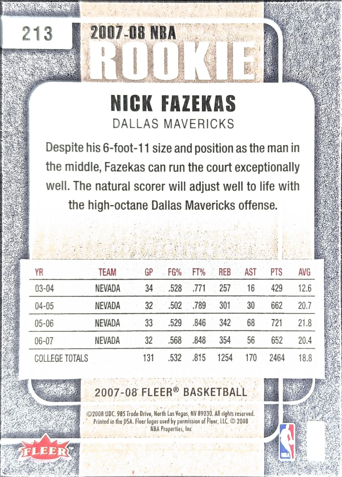2007-08 Fleer Nick Fazekas #213 RC Dallas Mavericks back