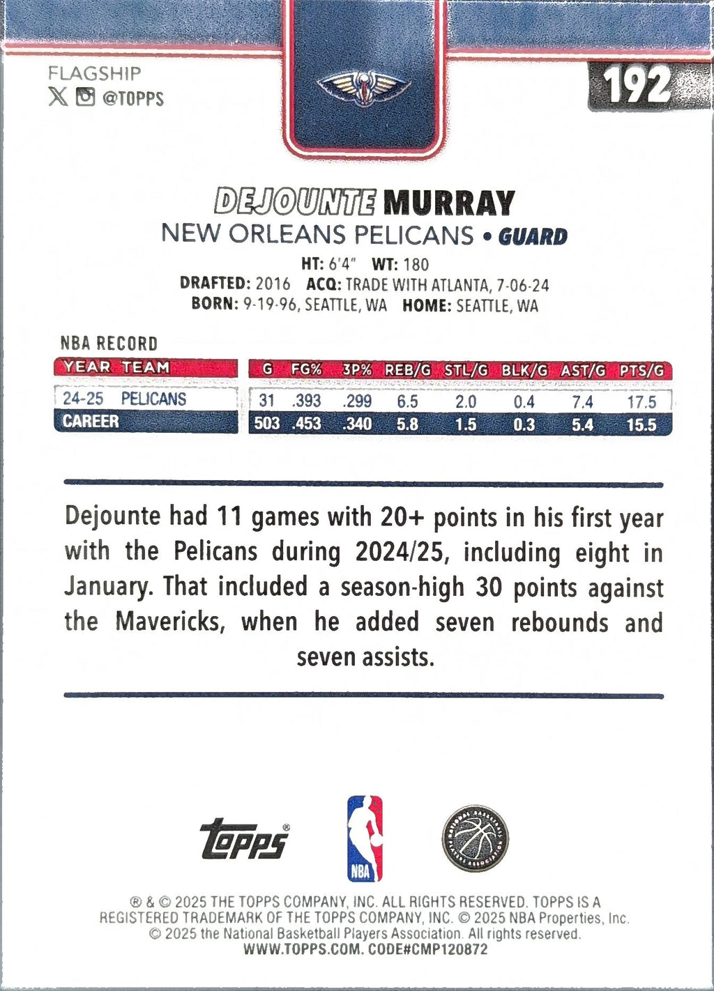 2025-26 Topps Dejounte Murray #192 Rainbow Foilboard New Orleans Pelicans back