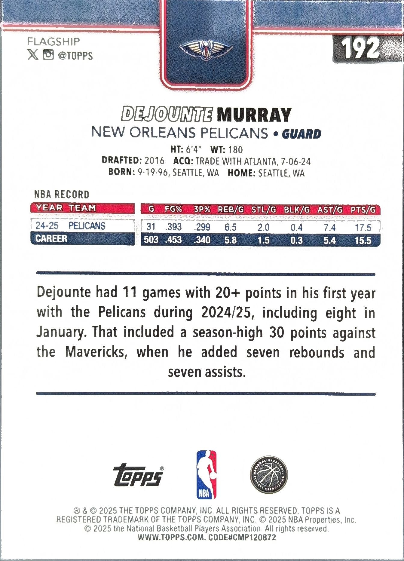 2025-26 Topps Dejounte Murray #192 Rainbow Foilboard New Orleans Pelicans back