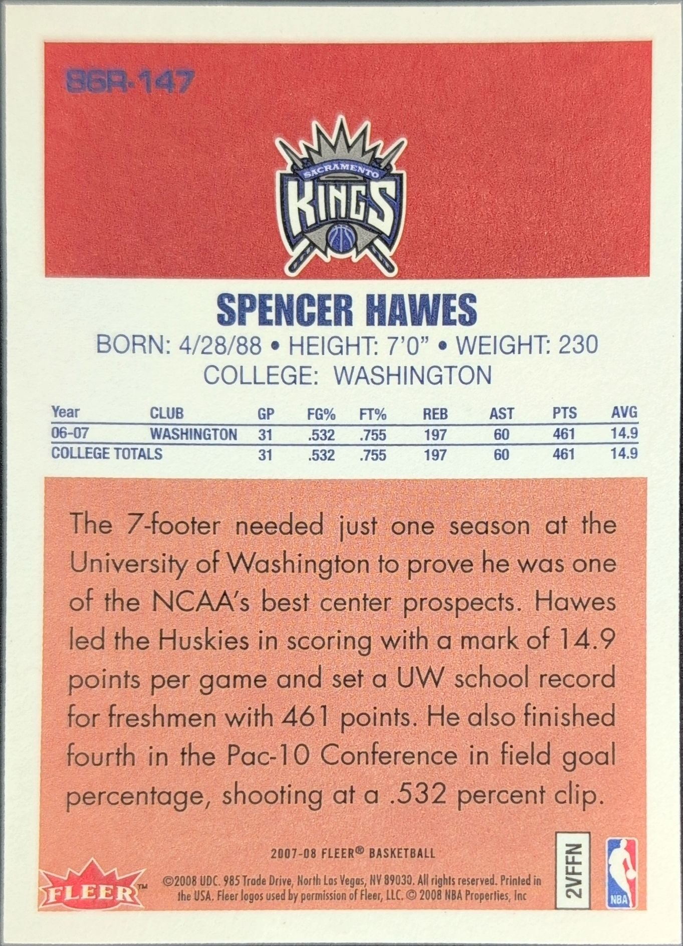 2007-08 Fleer Spencer Hawes #86R-147 86-87 Retro Rookies Sacramento Kings back