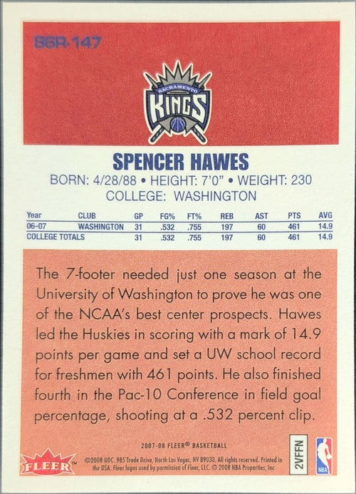 2007-08 Fleer Spencer Hawes #86R-147 86-87 Retro Rookies Sacramento Kings back