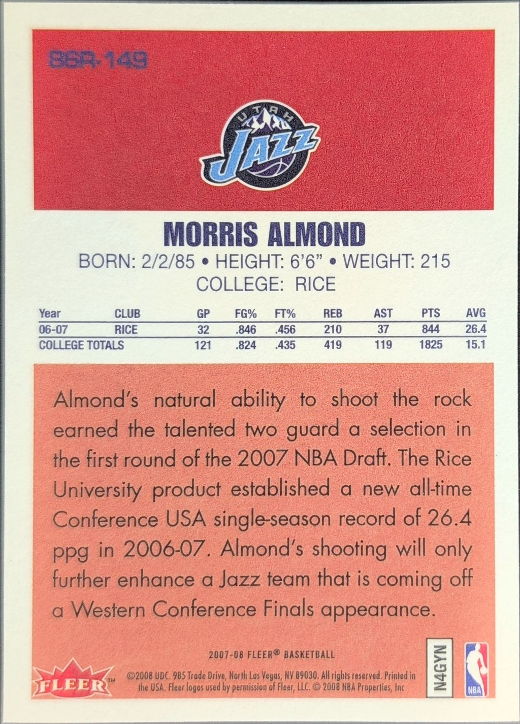 2007-08 Fleer Morris Almond #86R-149 86-87 Retro Rookies Utah Jazz back