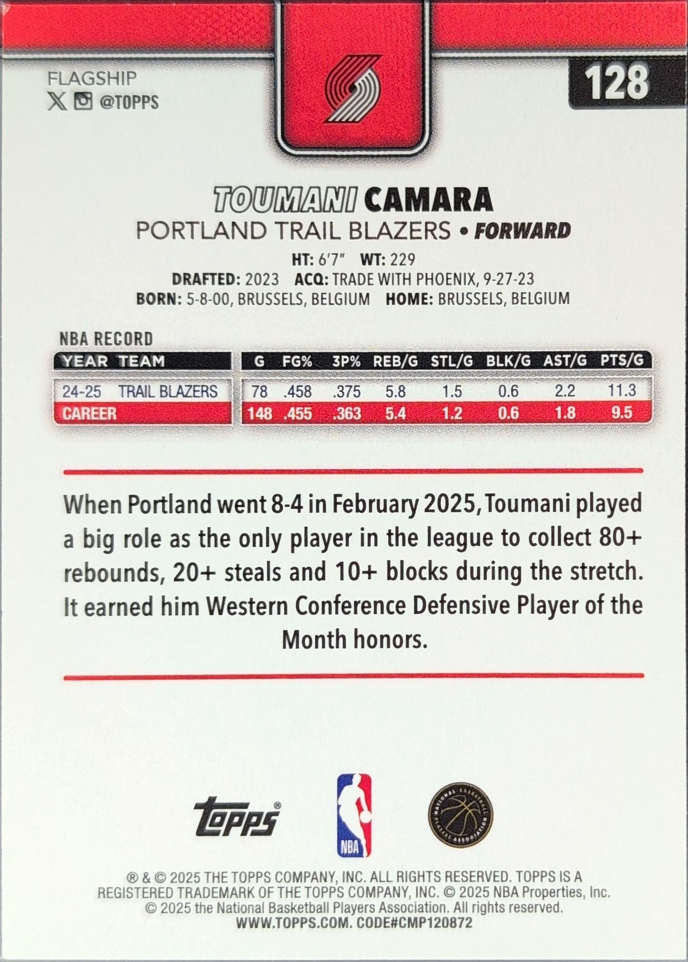 2025-26 Topps Toumani Camara #128 Season Tip Off Portland Trail Blazers back