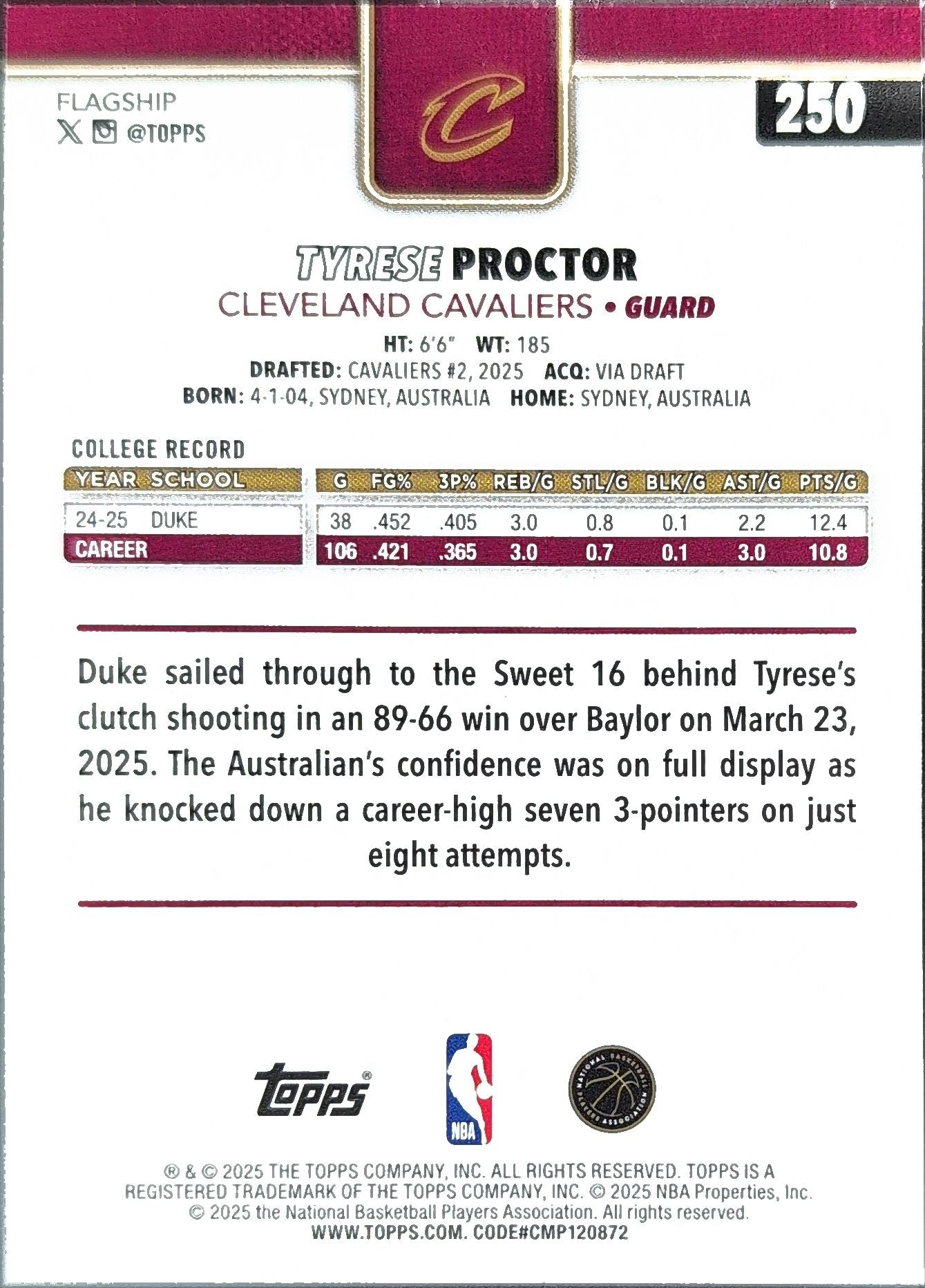 2025-26 Topps Tyrese Proctor #250 RC Cleveland Cavaliers back