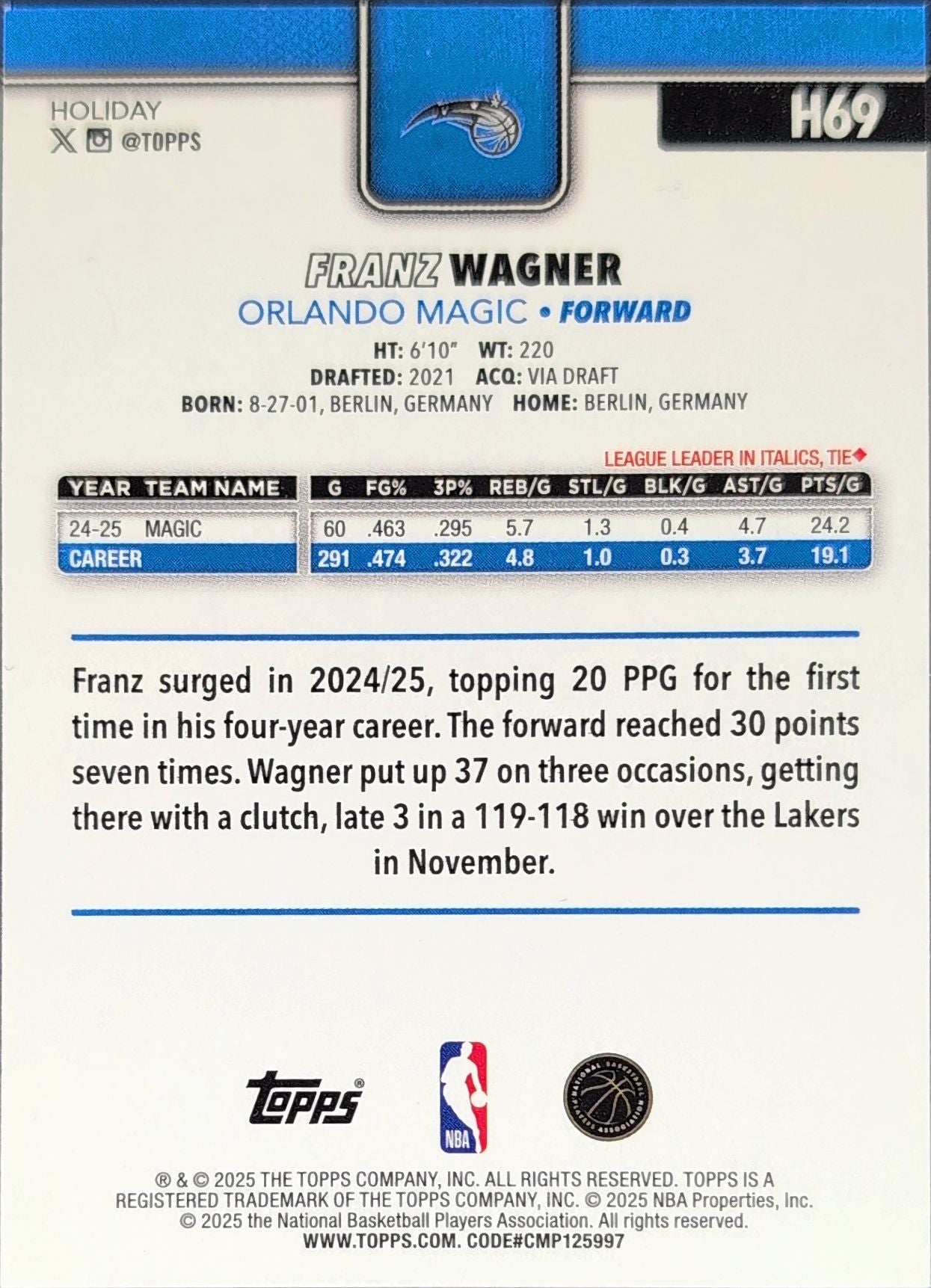 2025-26 Topps Holiday Franz Wagner #H69 Orlando Magic back