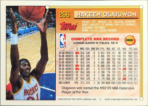 1993-94 Topps Hakeem Olajuwon #266 Houston Rockets back