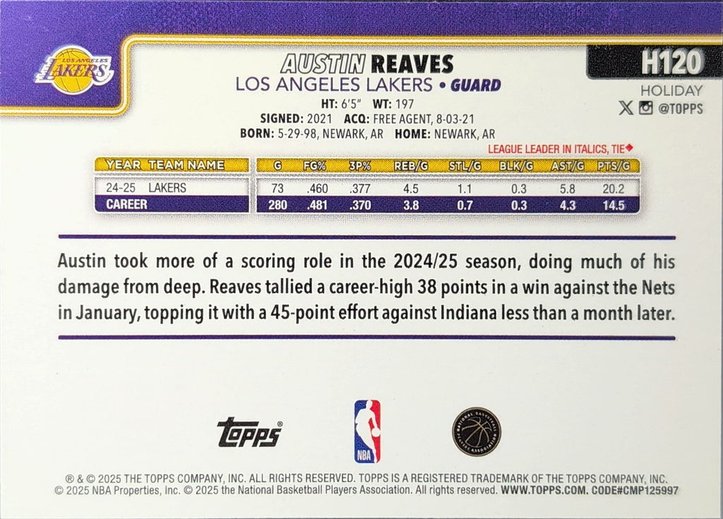2025-26 Topps Holiday Austin Reaves #H120 Los Angeles Lakers back