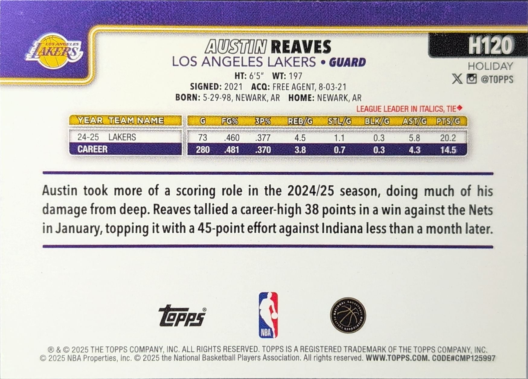 2025-26 Topps Holiday Austin Reaves #H120 Los Angeles Lakers back