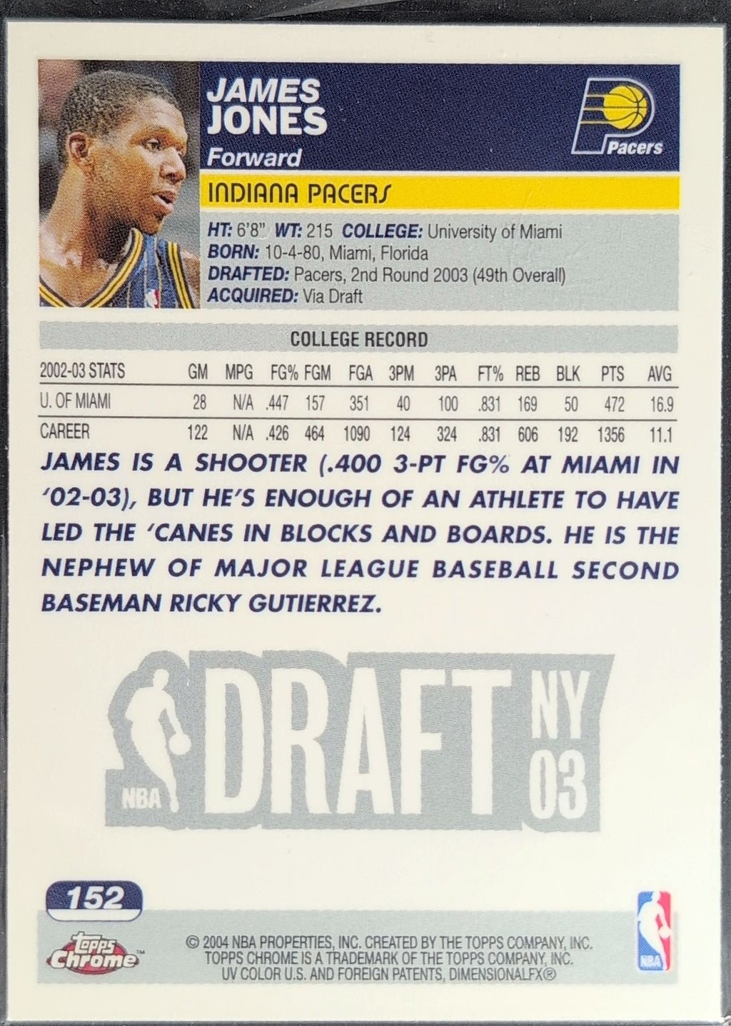 2003-04 Topps Chrome James Jones #152 RC Indiana Pacers back