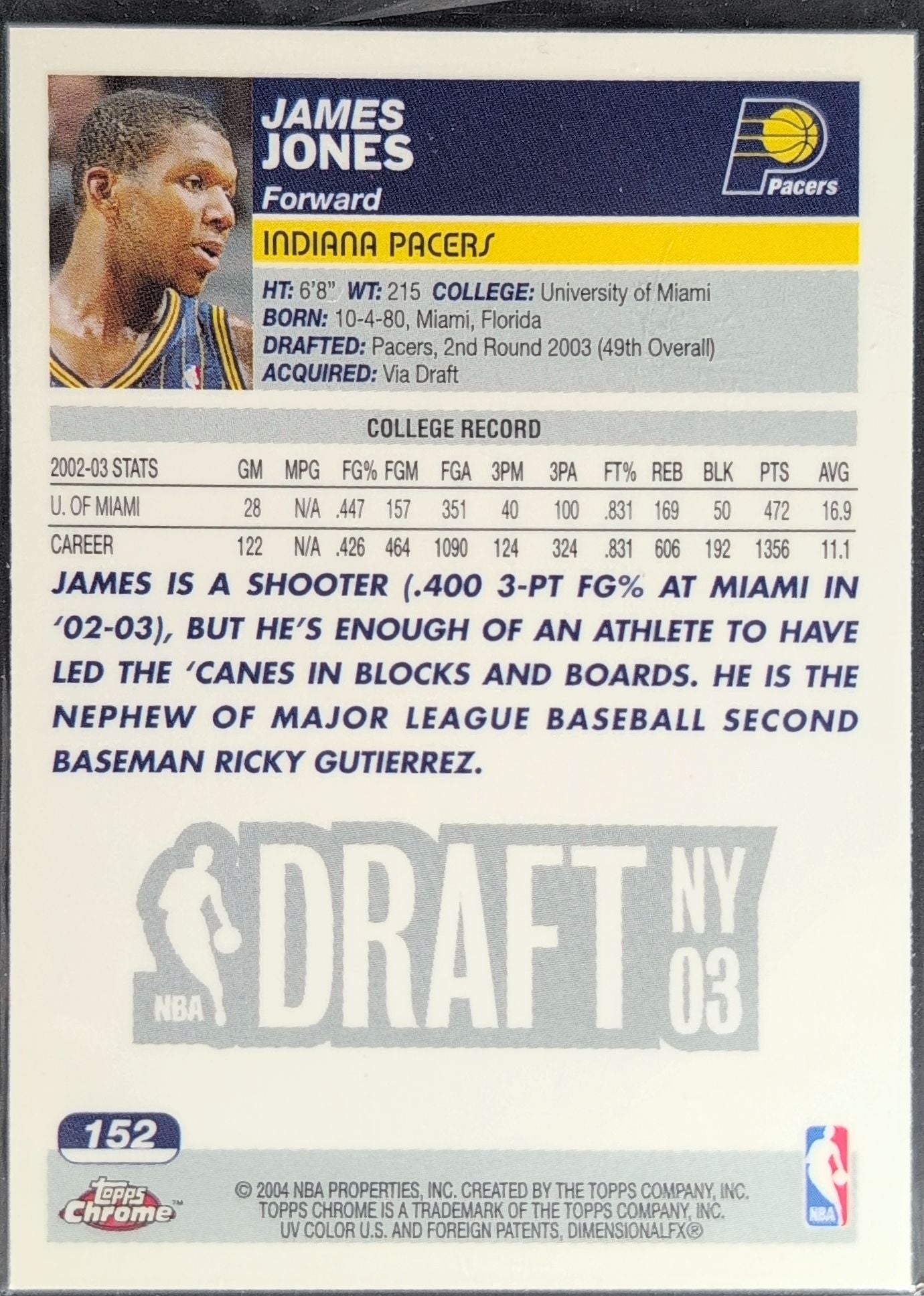 2003-04 Topps Chrome James Jones #152 RC Indiana Pacers back