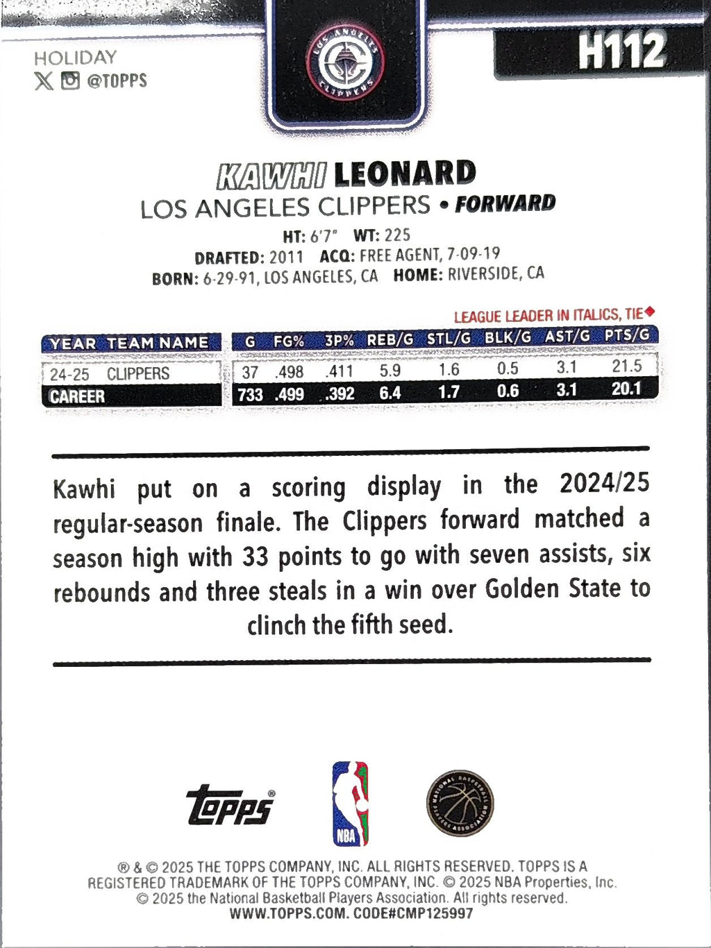 2025-26 Topps Holiday Kawhi Leonard #H112 Los Angeles Clippers back