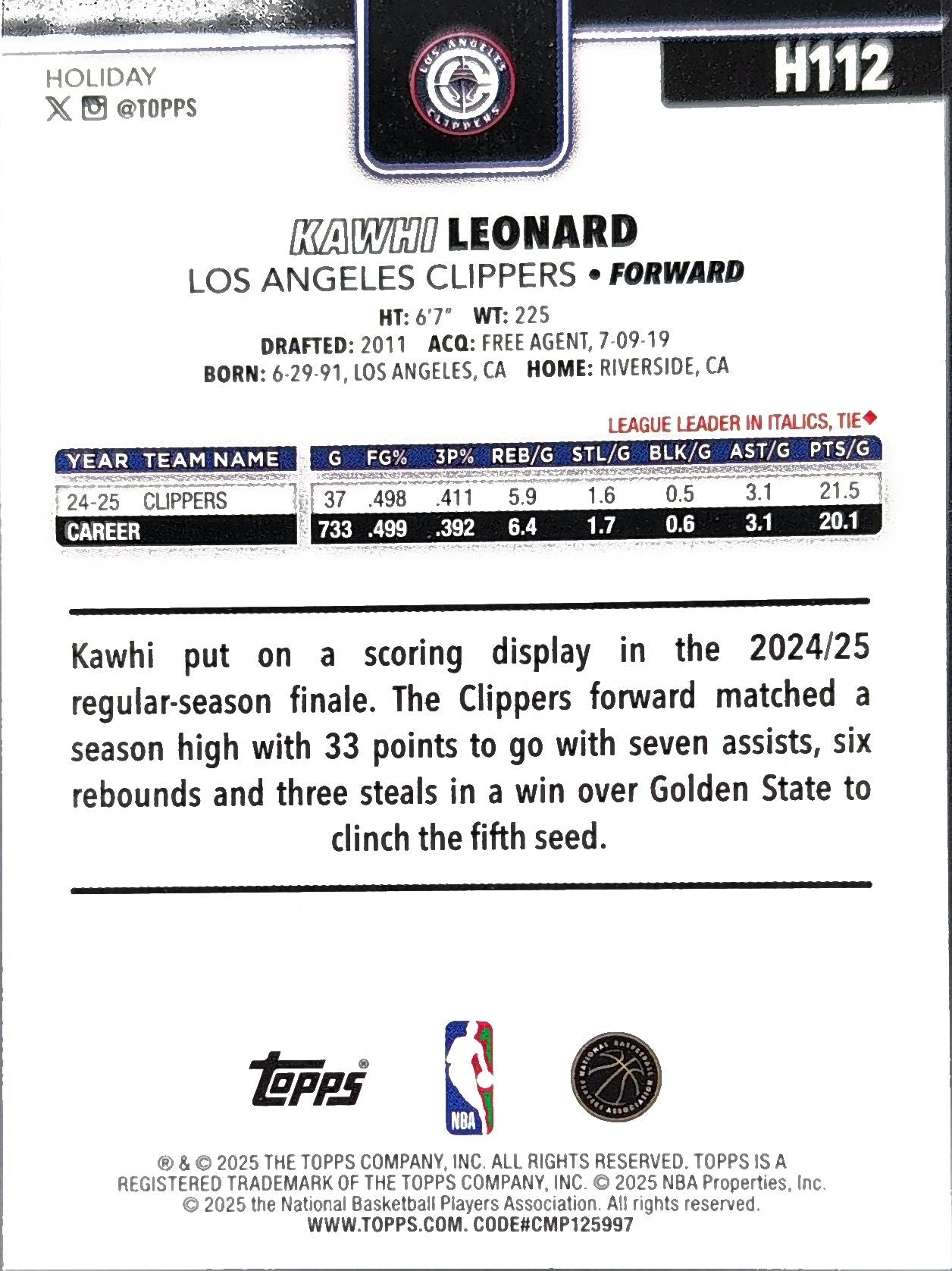 2025-26 Topps Holiday Kawhi Leonard #H112 Los Angeles Clippers back