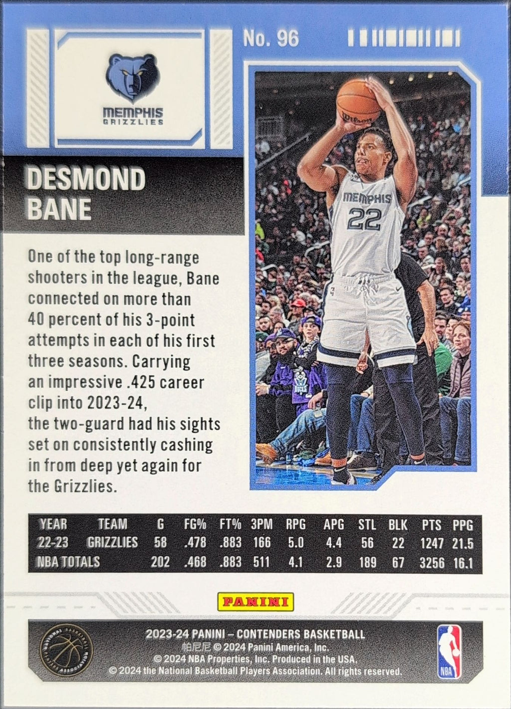 2023-24 Panini Contenders Desmond Bane #96 Memphis Grizzlies back