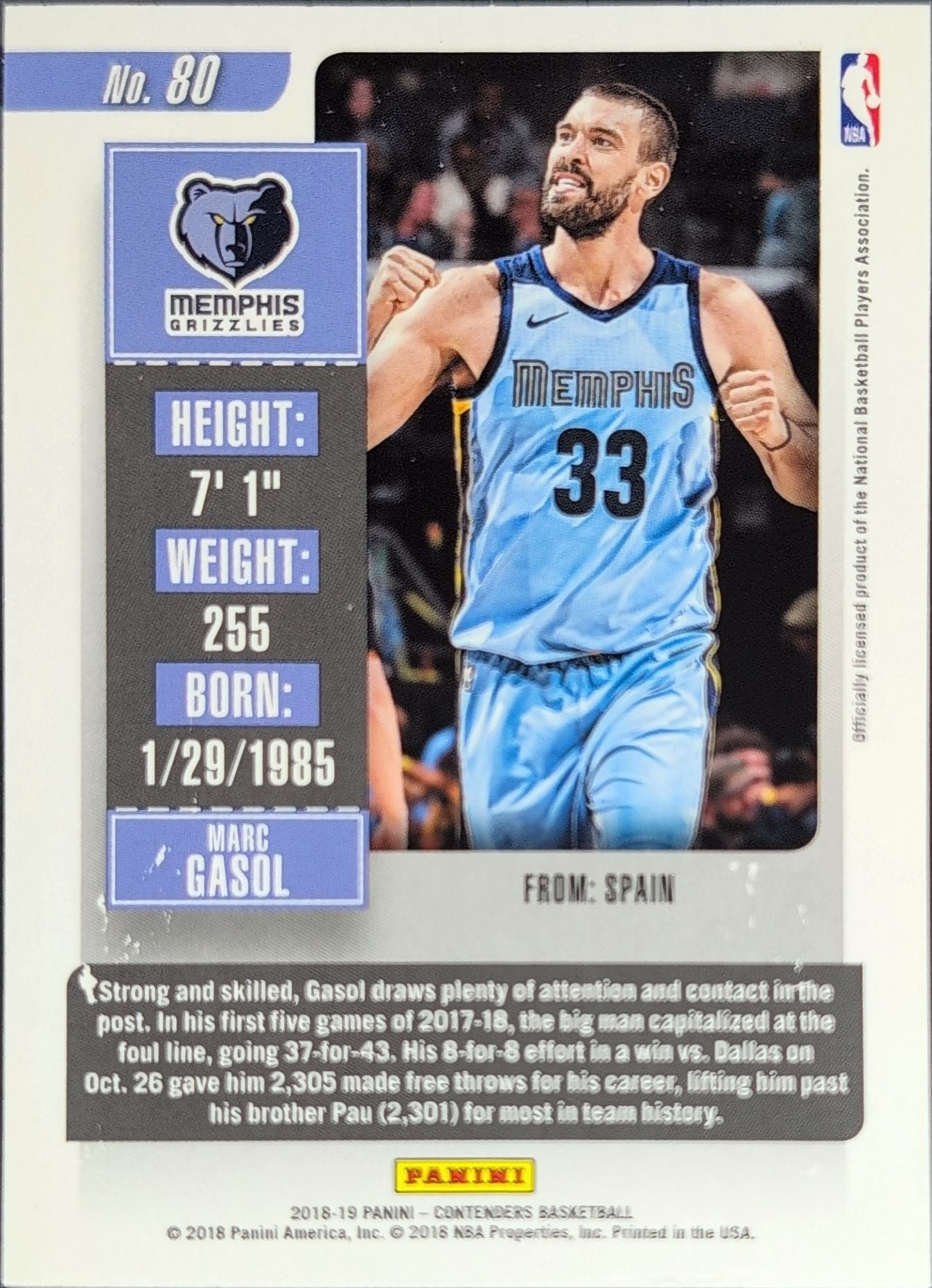 2018-19 Panini Contenders Marc Gasol #80 Memphis Grizzlies back