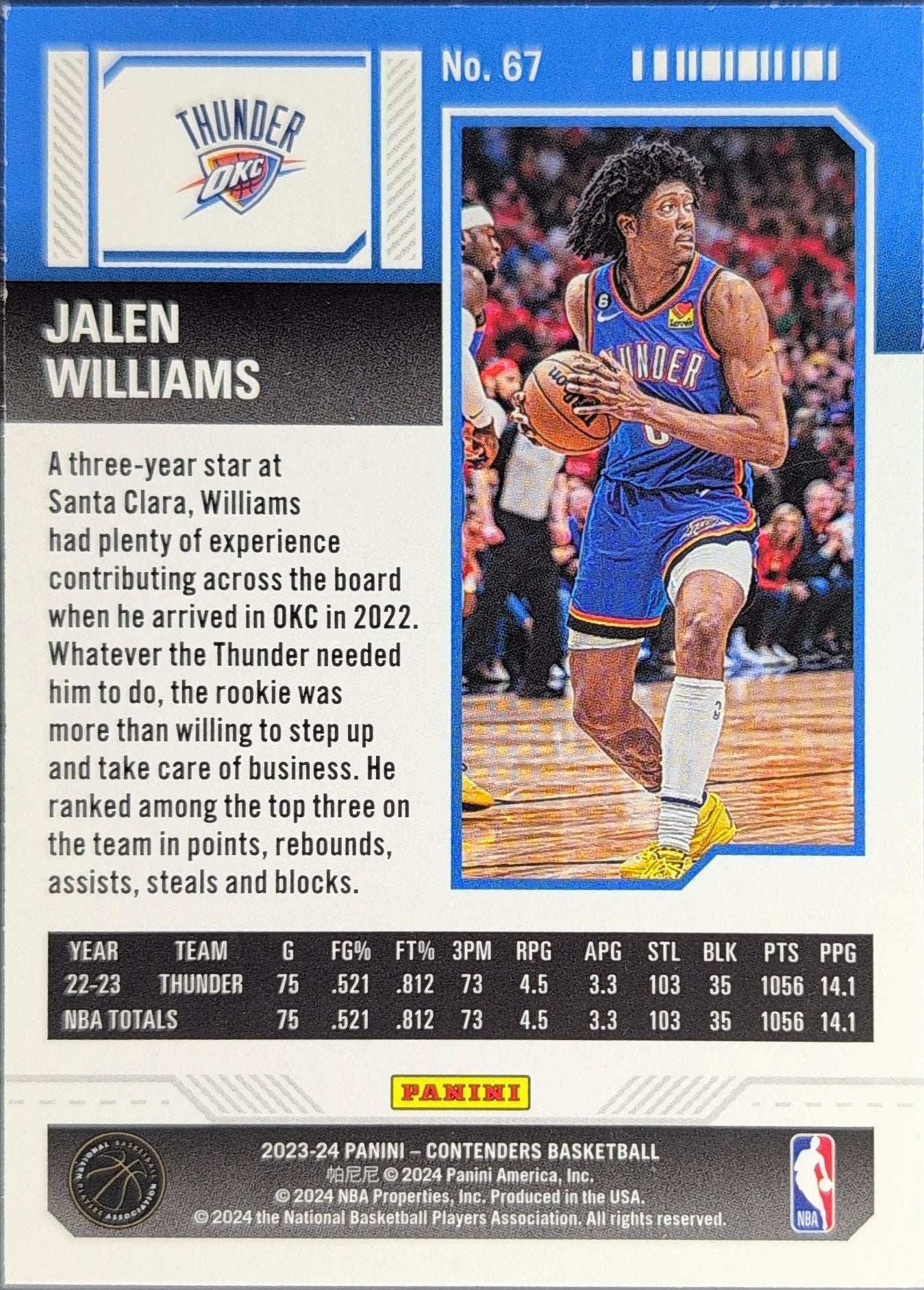 2023-24 Panini Contenders Jalen Williams #67 Season Ticket Retail Oklahoma City Thunder back