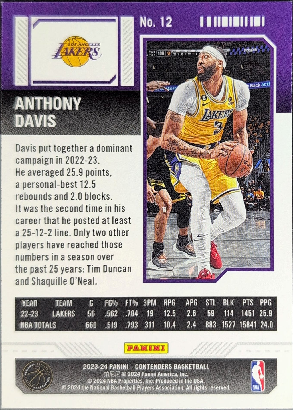 2023-24 Panini Contenders Anthony Davis #12 Los Angeles Lakers back