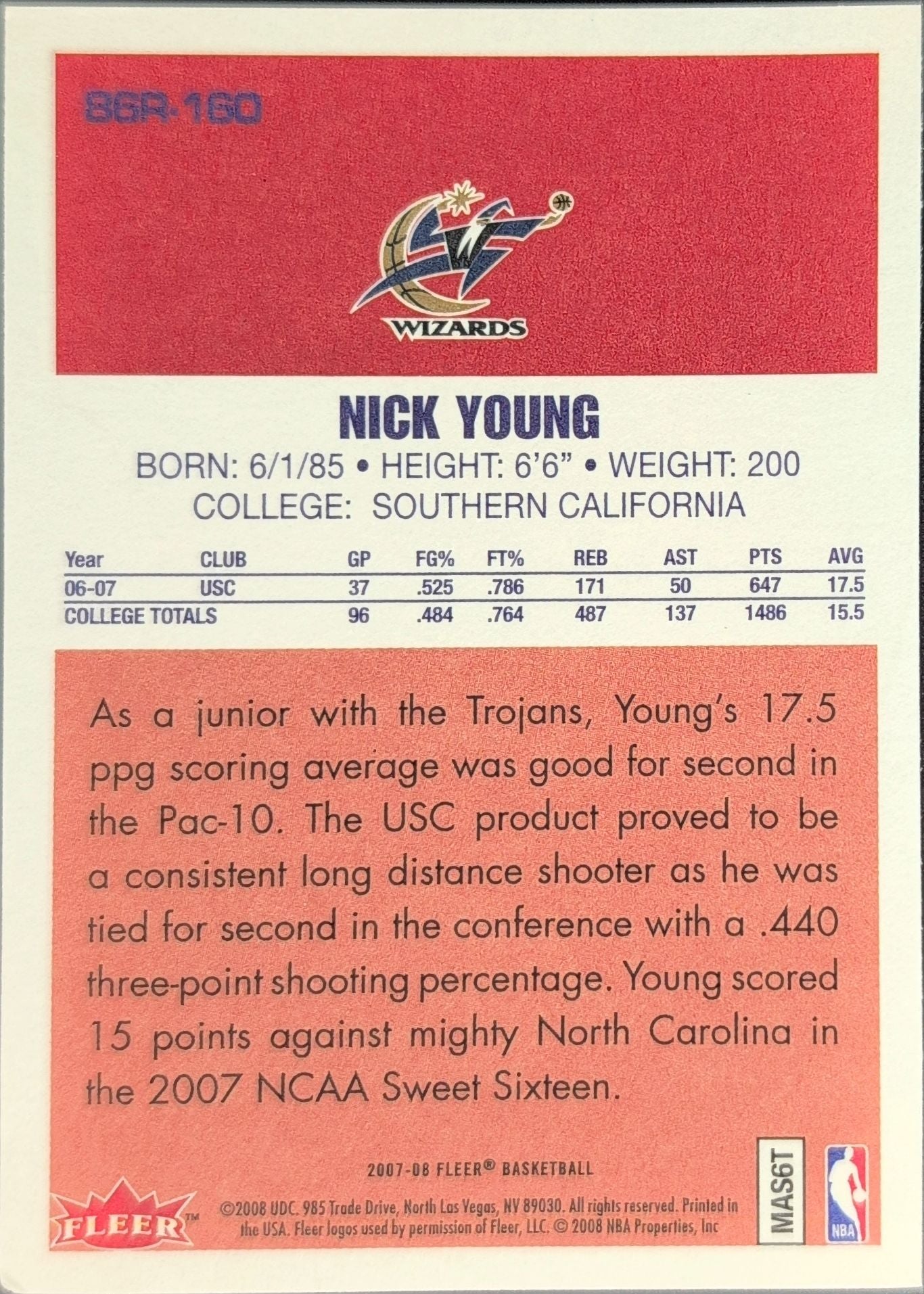 2007-08 Fleer Nick Young #86R-160 86-87 Retro Rookies Washington Wizards back