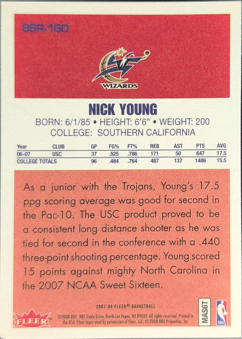 2007-08 Fleer Nick Young #86R-160 86-87 Retro Rookies Washington Wizards back