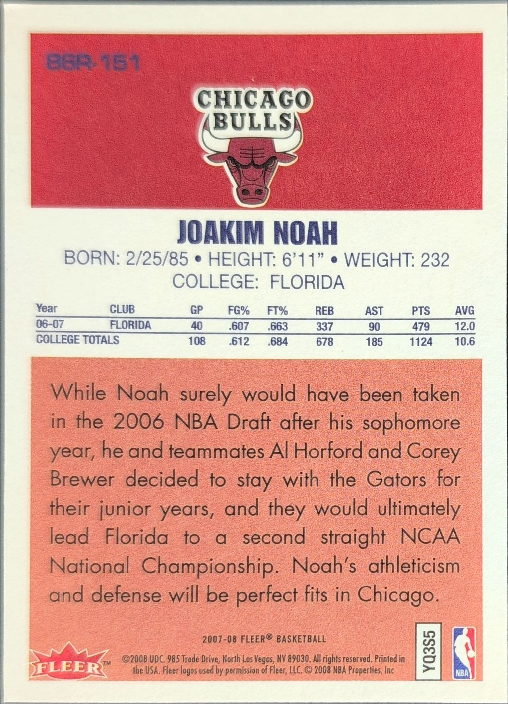 2007-08 Fleer Joakim Noah #86R-151 86-87 Retro Rookies Chicago Bulls back