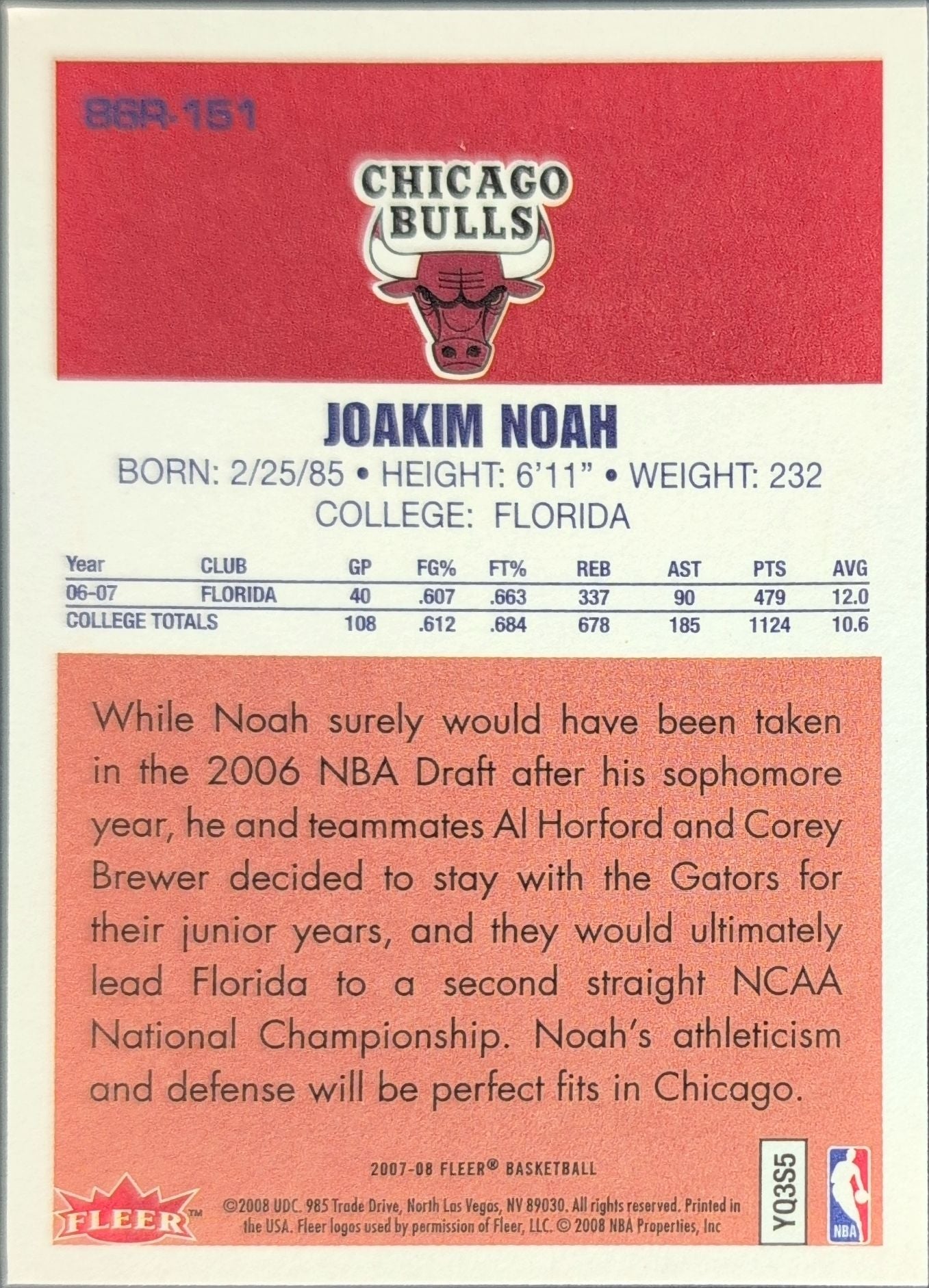2007-08 Fleer Joakim Noah #86R-151 86-87 Retro Rookies Chicago Bulls back