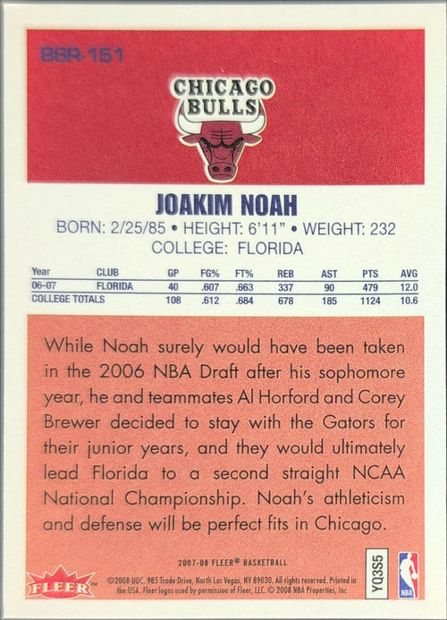 2007-08 Fleer Joakim Noah #86R-151 86-87 Retro Rookies Chicago Bulls back