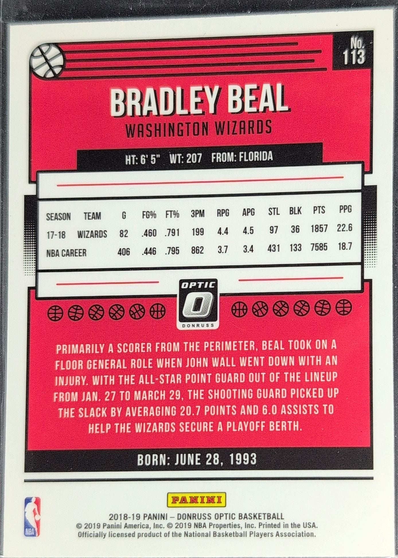 2018-19 Donruss Optic Bradley Beal #113 Washington Wizards back