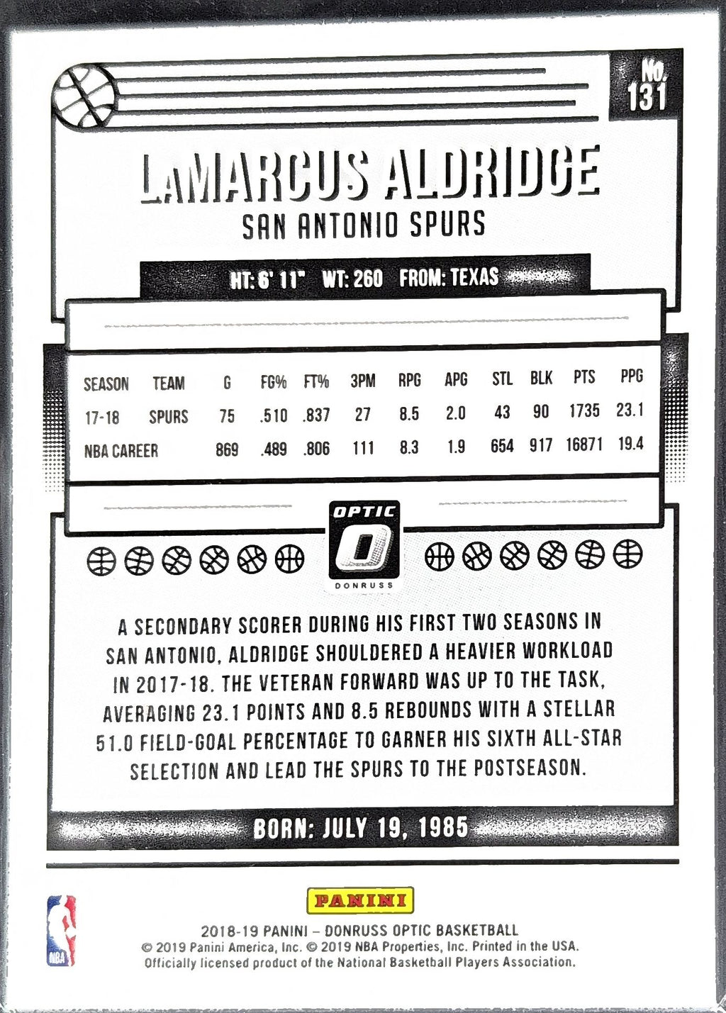 2018-19 Donruss Optic LaMarcus Aldridge #131 San Antonio Spurs back