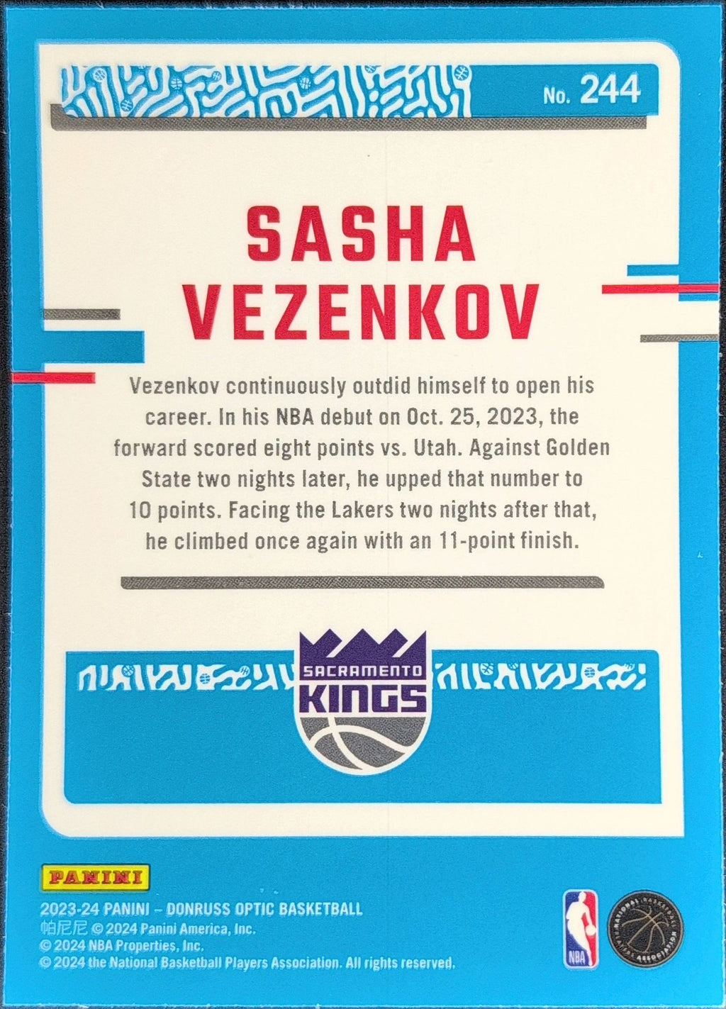 2023-24 Donruss Optic Sasha Vezenkov #244 RC Sacramento Kings back