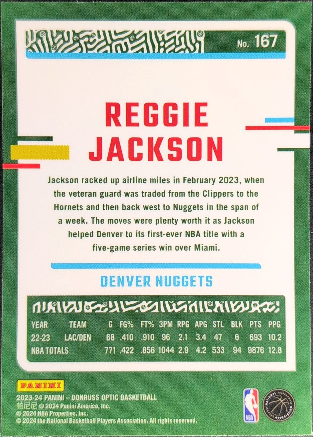 2023-24 Donruss Optic Reggie Jackson #167 Denver Nuggets back