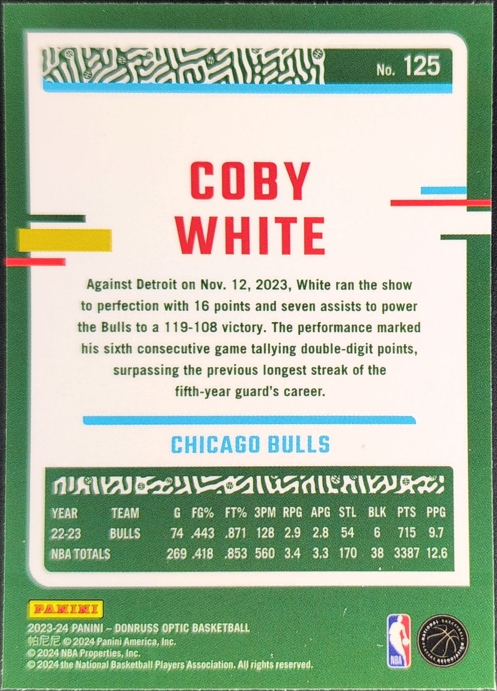 2023-24 Donruss Optic Coby White #125 Chicago Bulls back