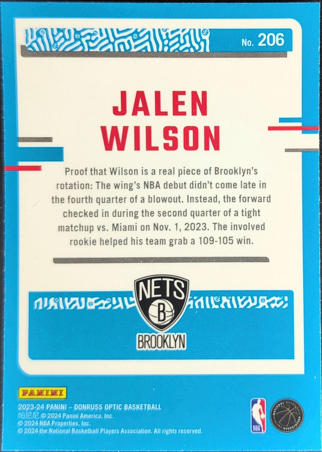 2023-24 Donruss Optic Jalen Wilson #206 Blue Velocity RC Brooklyn Nets back
