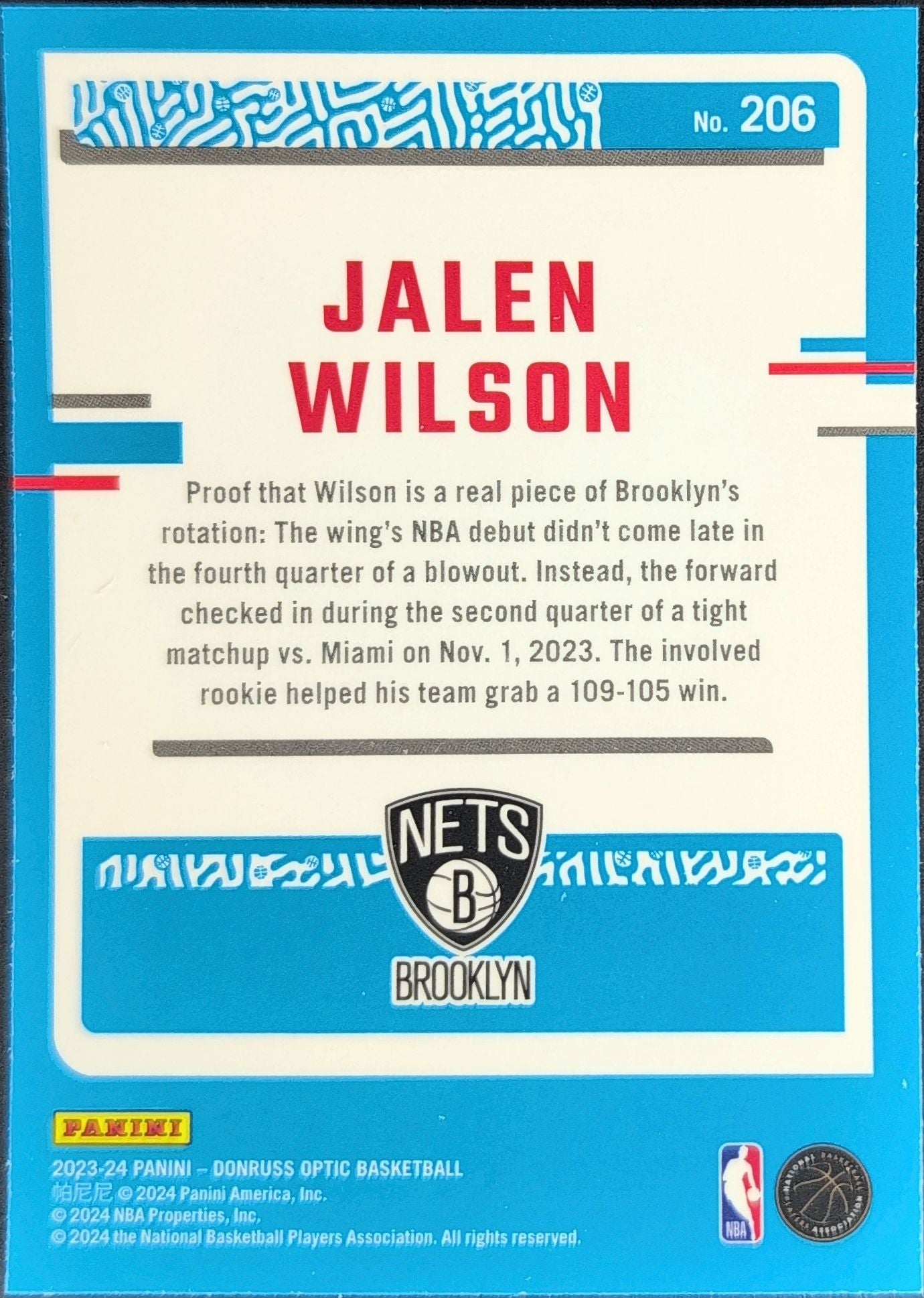 2023-24 Donruss Optic Jalen Wilson #206 Blue Velocity RC Brooklyn Nets back