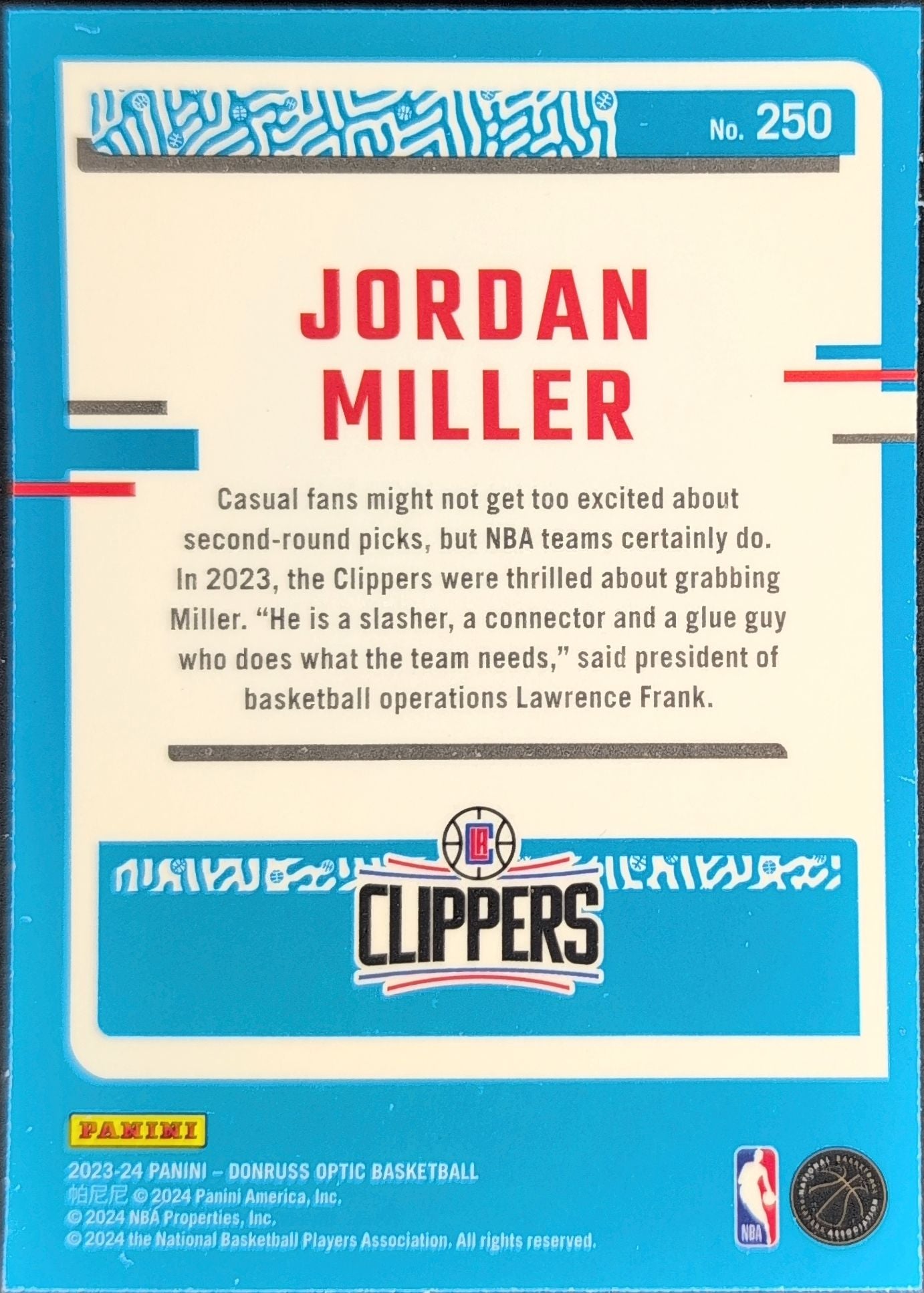 2023-24 Donruss Optic Jordan Miller #250 Purple RC Los Angeles Clippers back