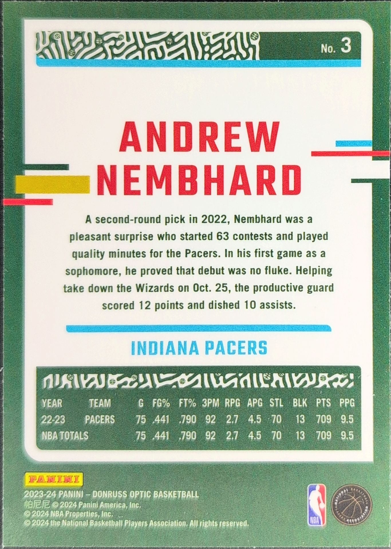 2023-24 Donruss Optic Andrew Nembhard #3 Purple Indiana Pacers back