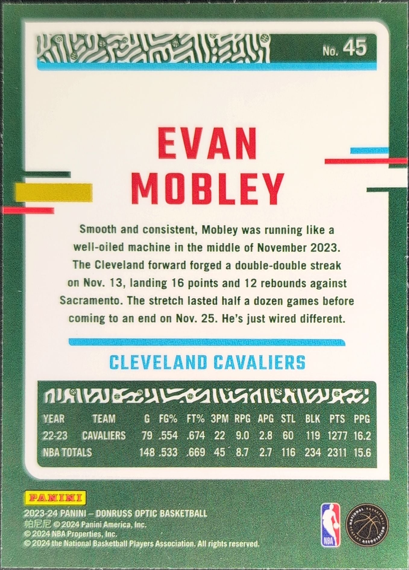 2023-24 Donruss Optic Evan Mobley #45 Cleveland Cavaliers back