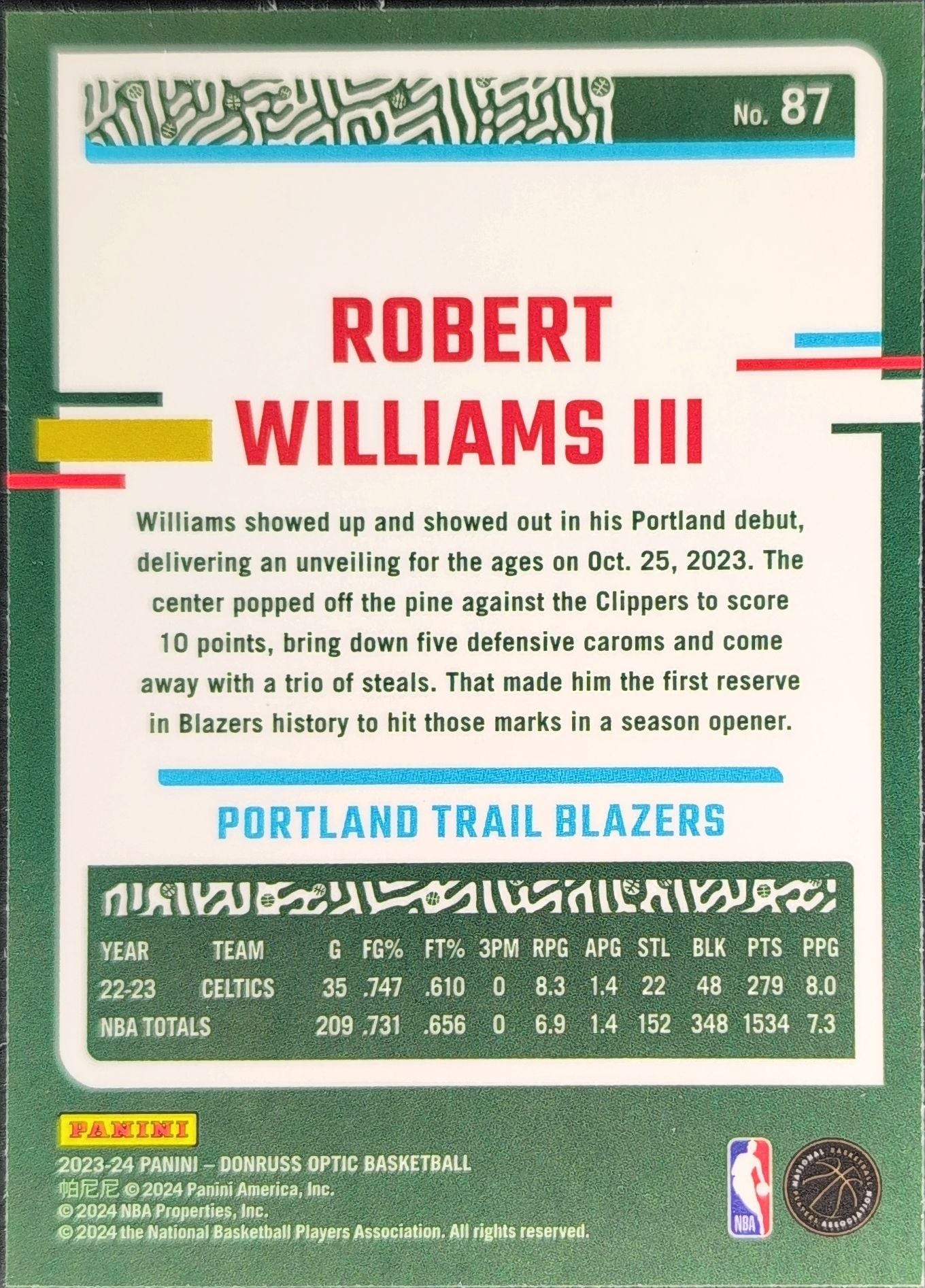 2023-24 Donruss Optic Robert Williams III #87 Portland Trail Blazers back