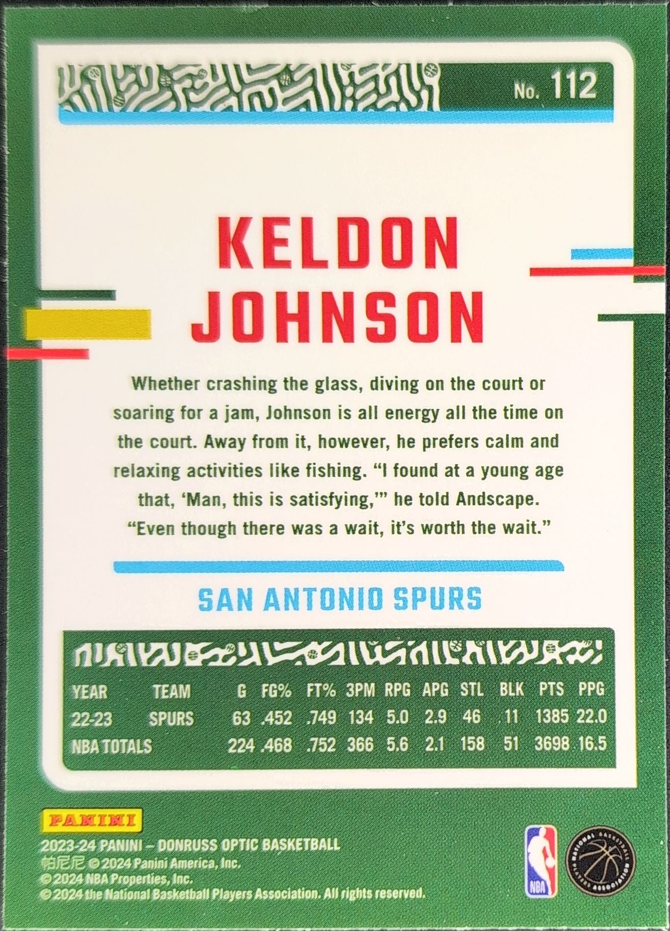 2023-24 Donruss Optic Keldon Johnson #112 San Antonio Spurs back
