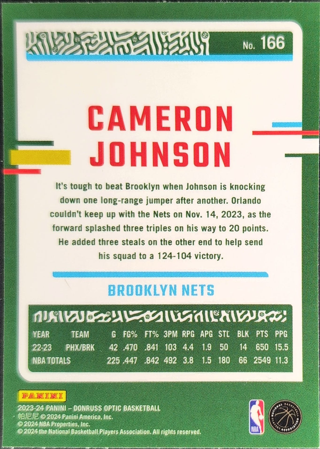 Cameron Johnson 2023-24 Donruss Optic #166 Brooklyn Nets