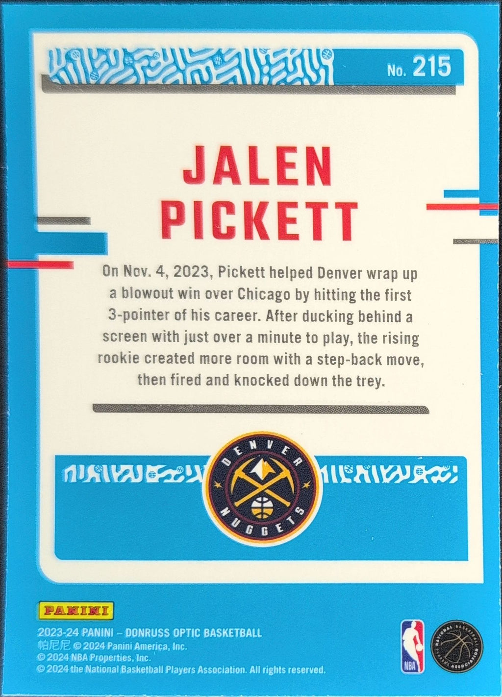 2023-24 Donruss Optic Jalen Pickett #215 Blue Velocity RC Denver Nuggets back