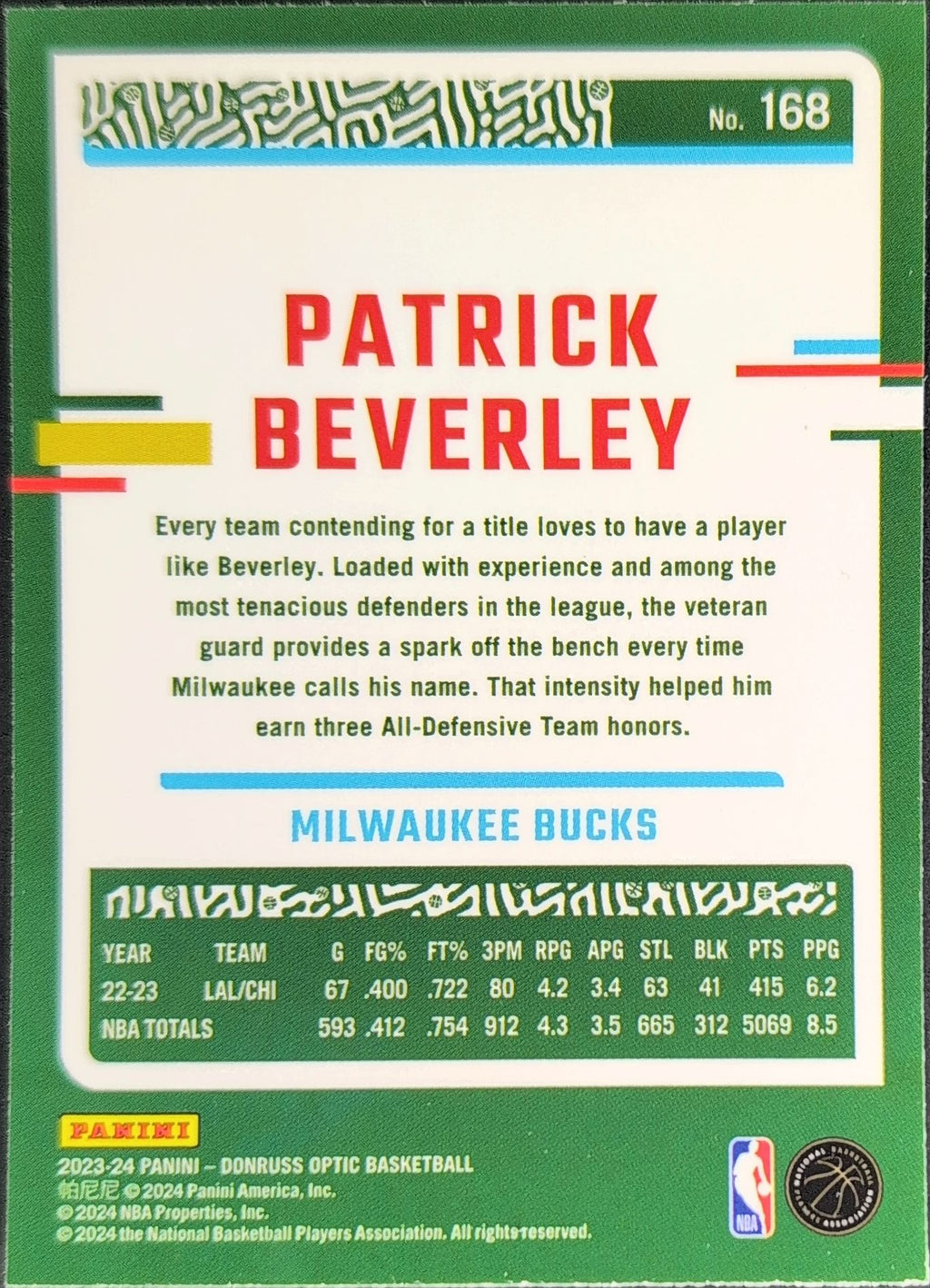 2023-24 Donruss Optic Patrick Beverley #168 Milwaukee Bucks back