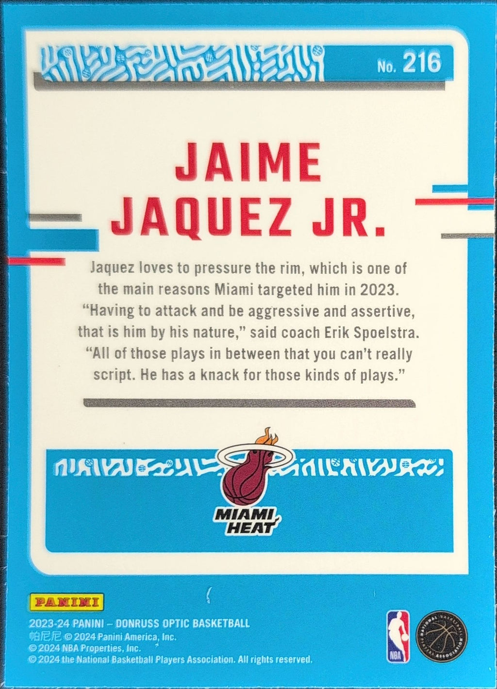 2023-24 Donruss Optic Jaime Jaquez Jr. #216 RC Miami Heat back