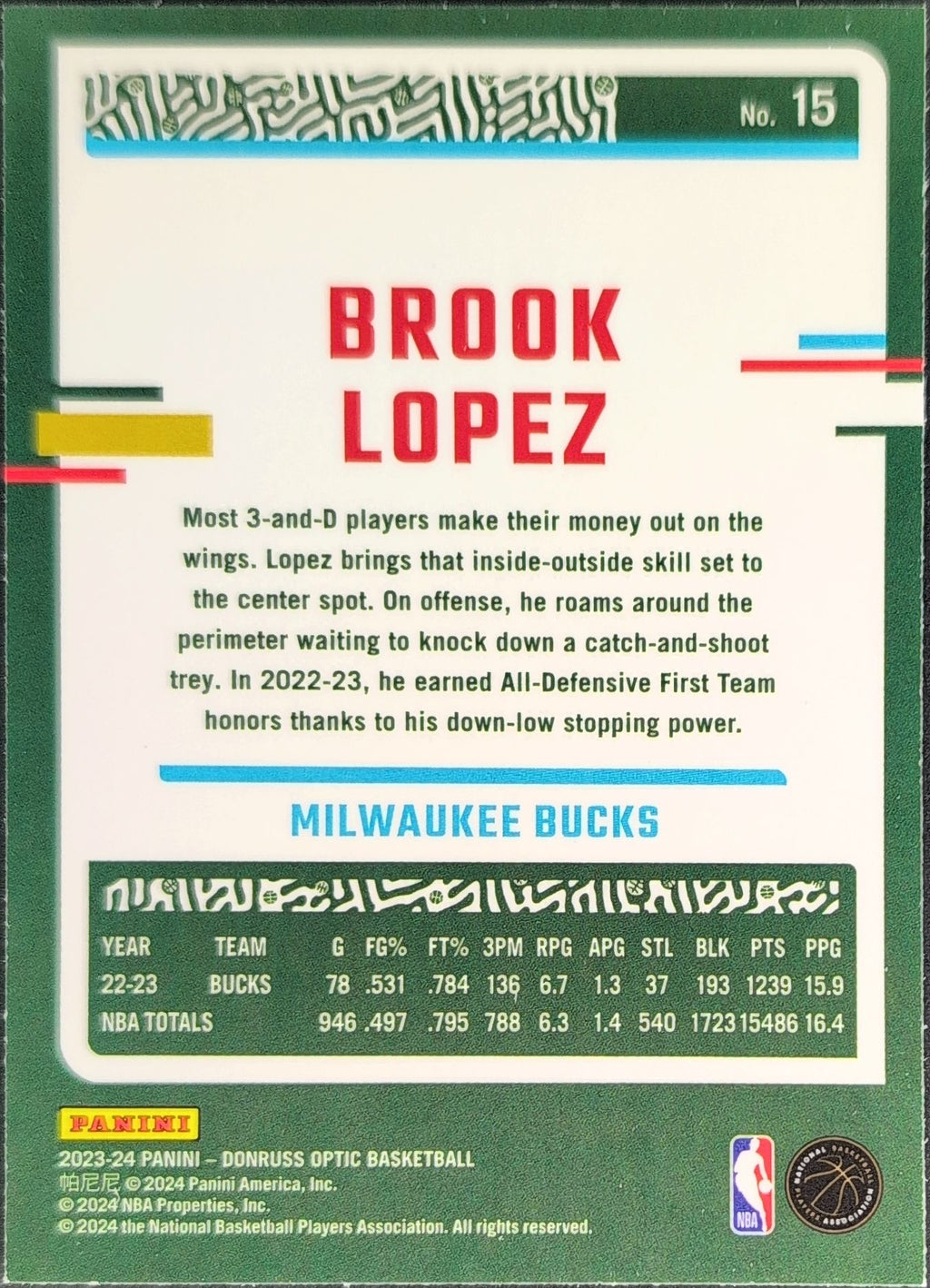 2023-24 Donruss Optic Brook Lopez #15 Holo Milwaukee Bucks back