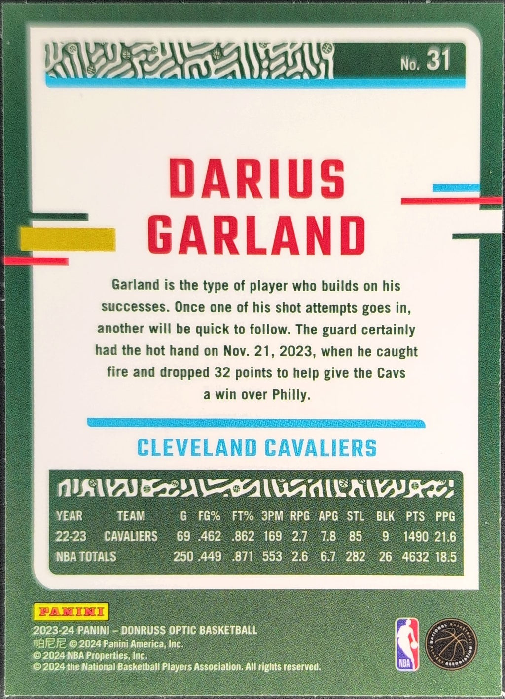 2023-24 Donruss Optic Darius Garland #31 Hyper Green Cleveland Cavaliers back