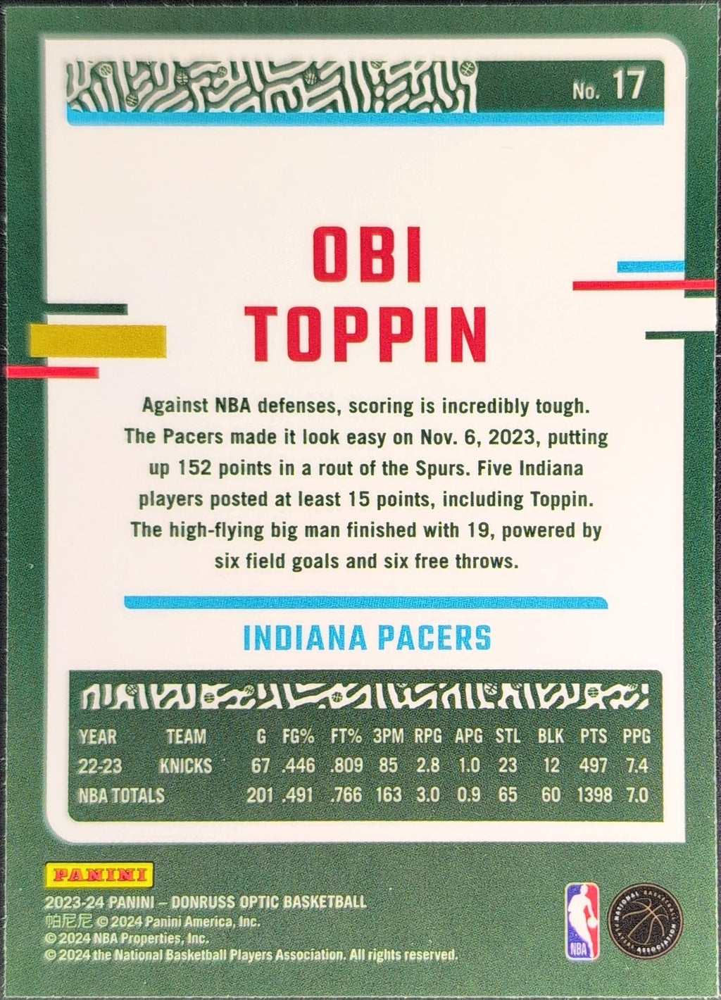 2023-24 Donruss Optic Obi Toppin #17 Indiana Pacers back