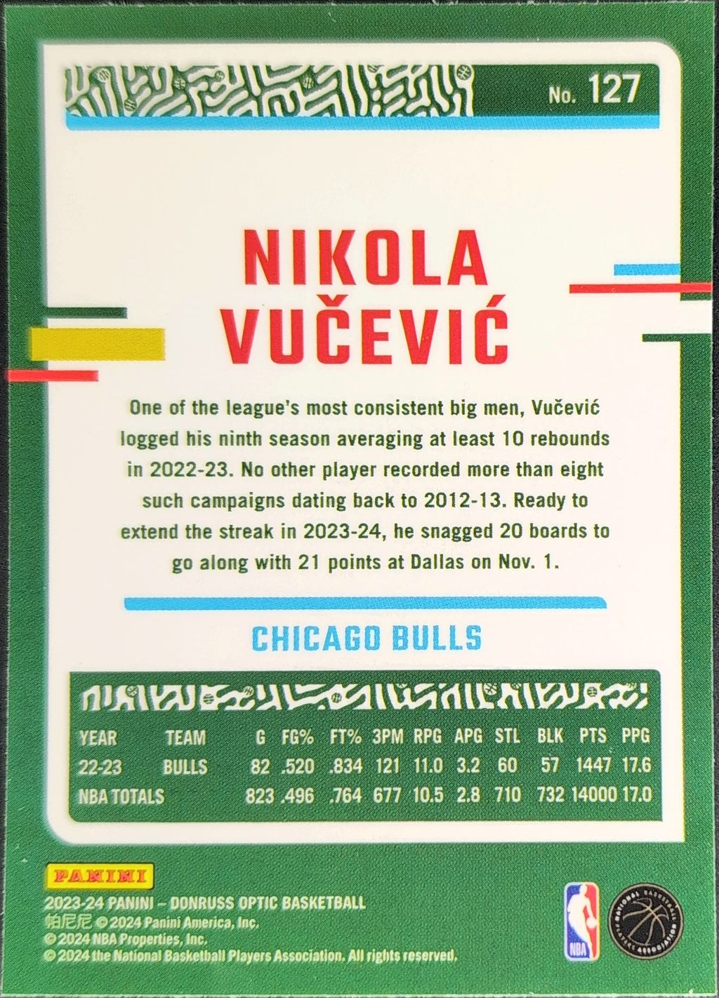 2023-24 Donruss Optic Nikola Vucevic #127 Chicago Bulls back