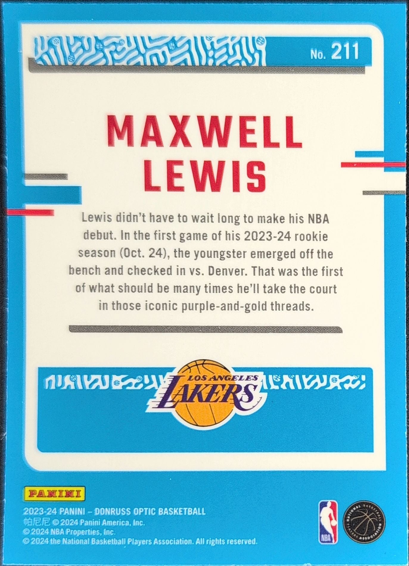 2023-24 Donruss Optic Maxwell Lewis #211 RC Los Angeles Lakers back